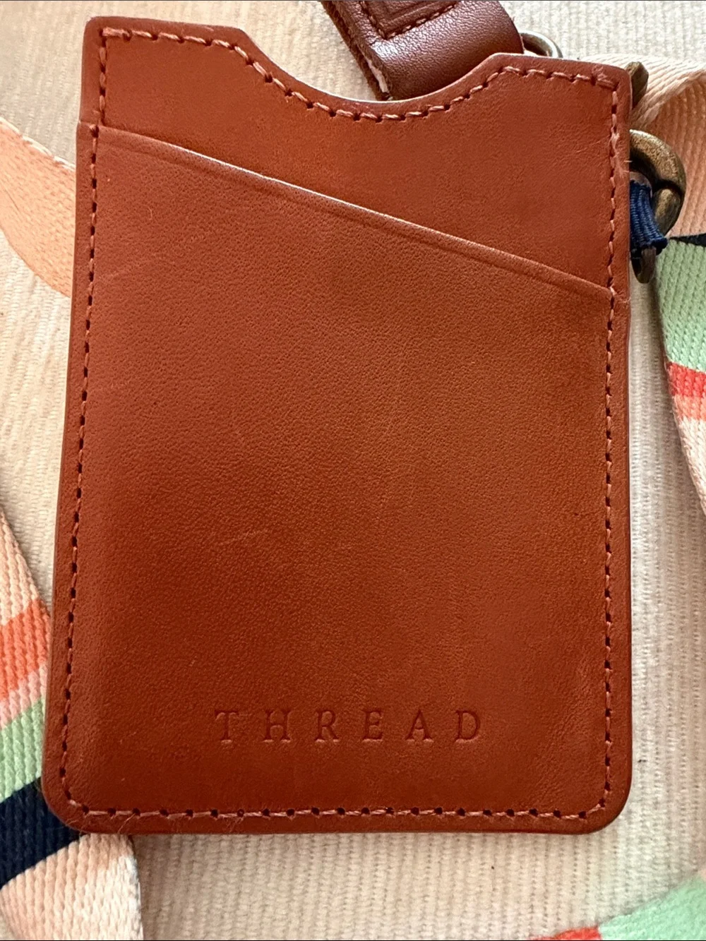 Peach Multi-Stripe Card Holder Lanyard with Leather Trim